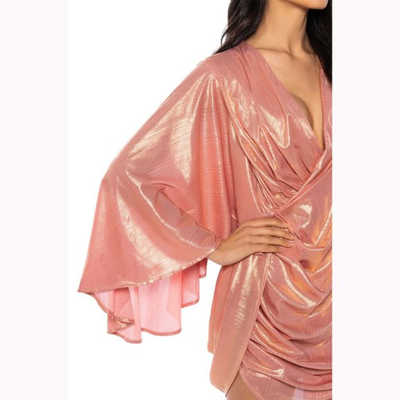 💥BOMBSHELL!💥Asymmetrical Draped Kimono Sleeve Dress in Metallic Pink - Picture 7 of 16